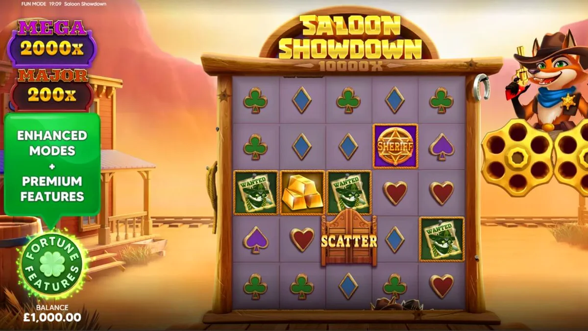 Tampilan visual slot Saloon Showdown 10,000x dengan tema Wild West yang penuh warna