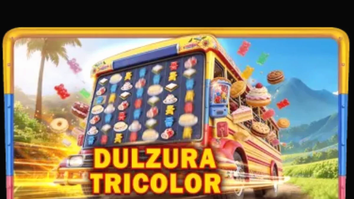 Tampilan visual slot Dulzura Tricolor dengan latar belakang pemandangan tropis Kolombia yang cerah.