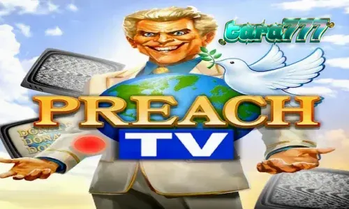 Tampilan layar utama slot Preach TV dengan tema studio televisi retro